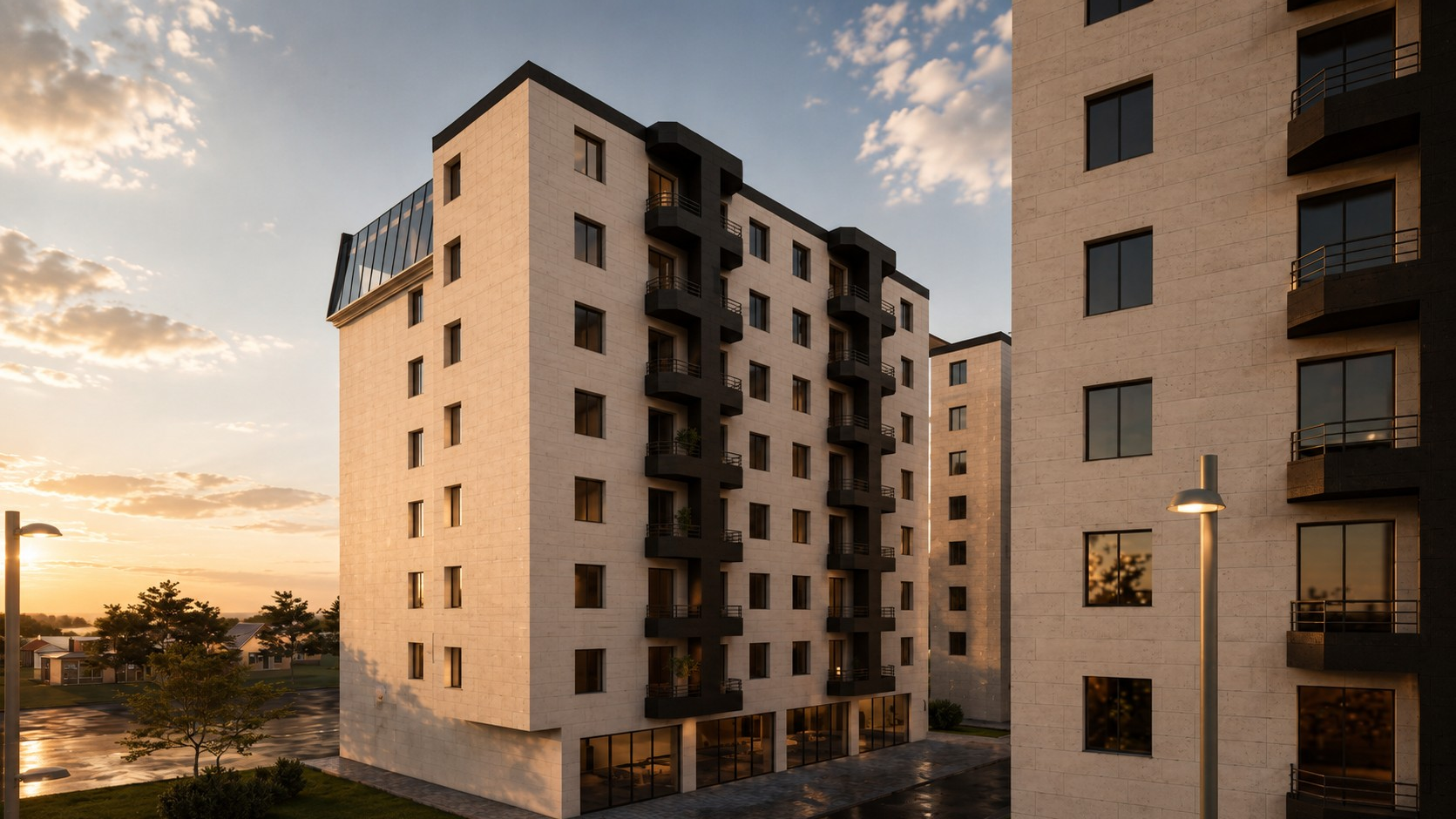 Dark protruding balconies over the travertine base