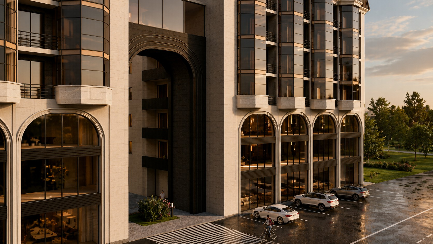 Close-up of the travertine facade and bronze arch