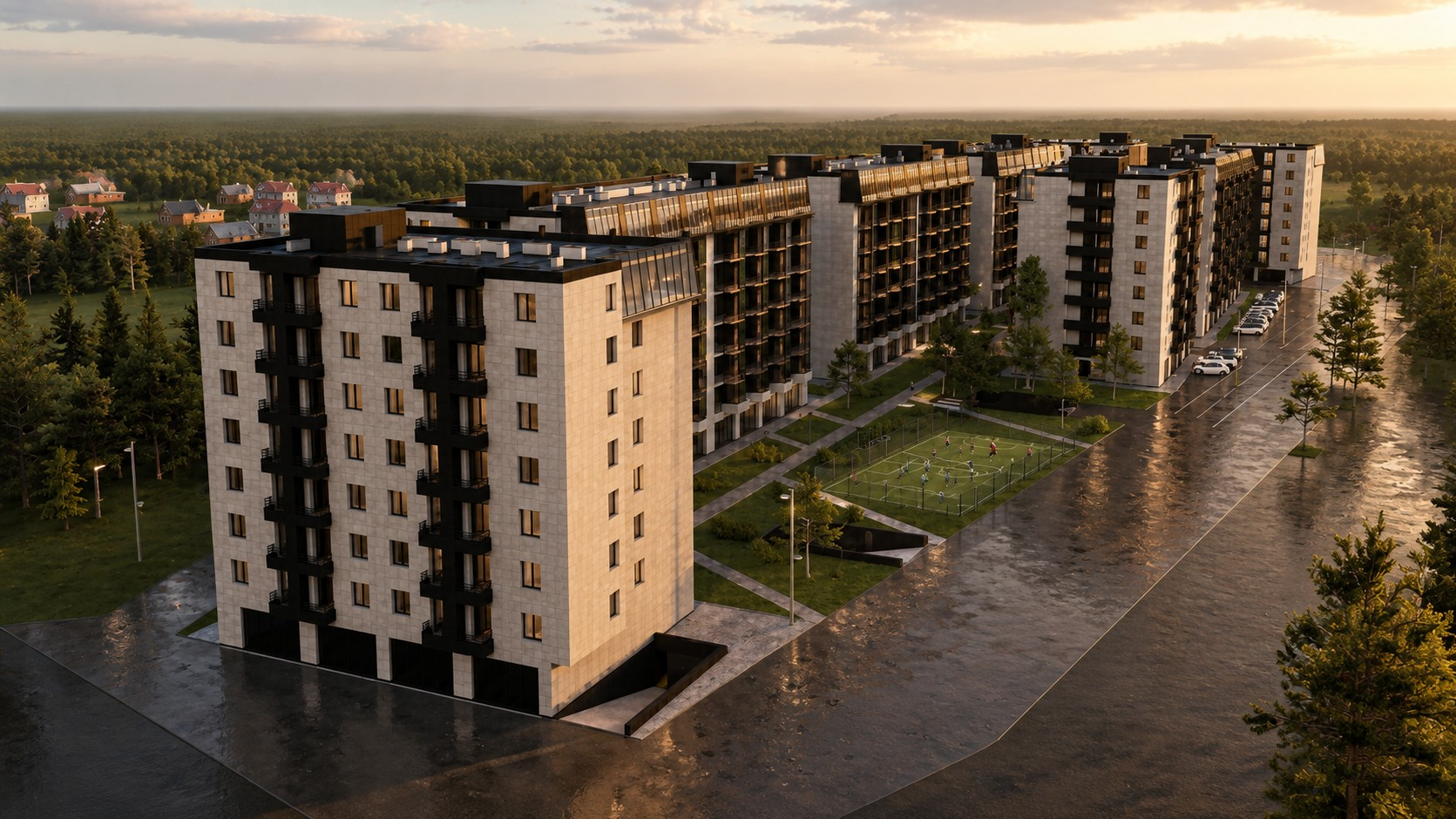 Aerial view of the twelve-building Noyan Tapan block