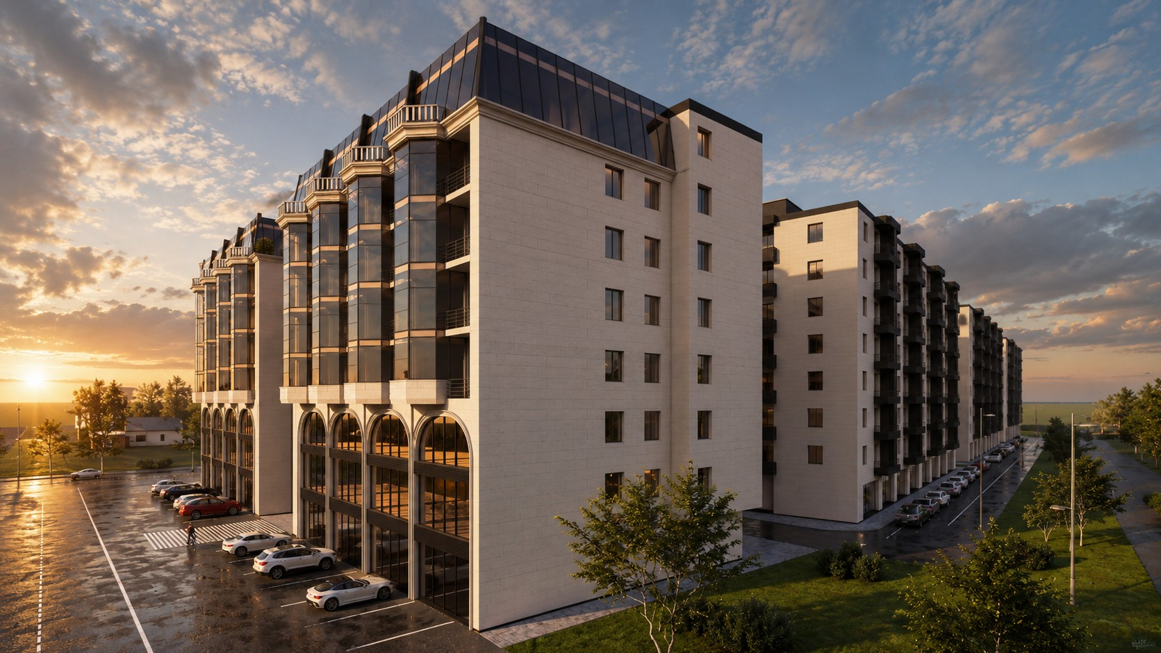 Stone facade meeting the dark glazed upper floors